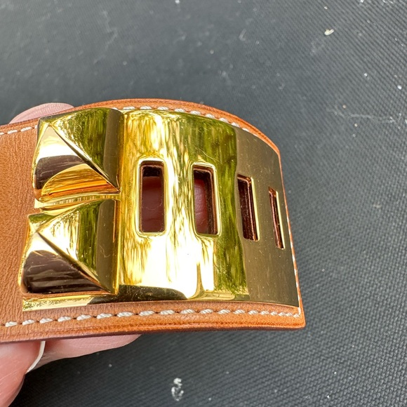 🆒 Authentic Hermès Collier De Chien Cuff Bracelet gold plated hardware leather - Picture 11 of 16